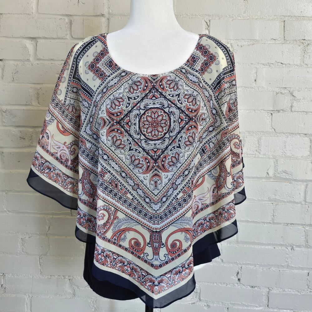 APT 9 XL Retro Vibe Paisley Poncho Top Layered Chiffon Tank Blouse Boho Festival